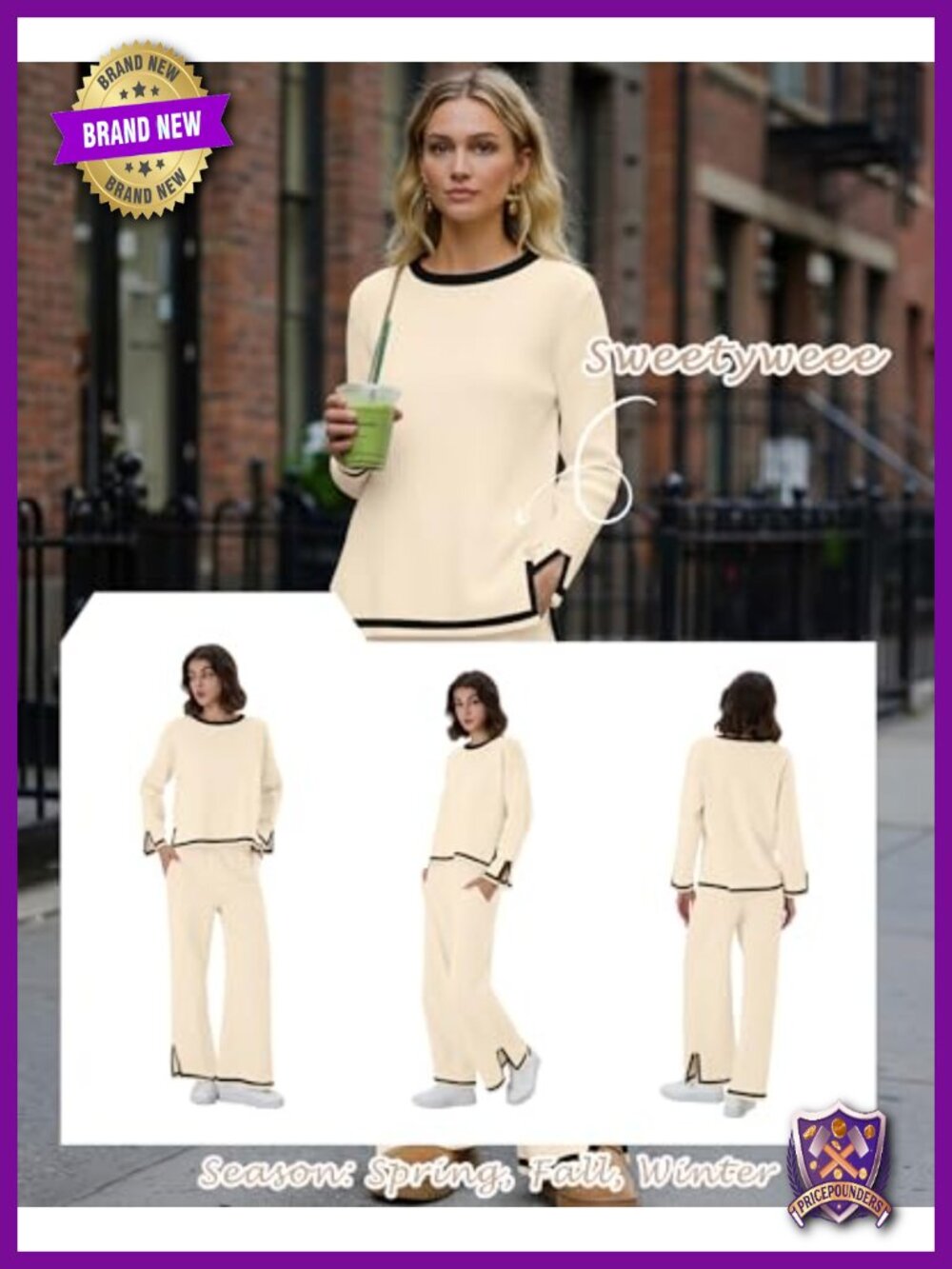 Womens 2 Piece Viscose Nylon Sweater Knit Lounge Set Wide Leg Pants - Picture 3 of 6